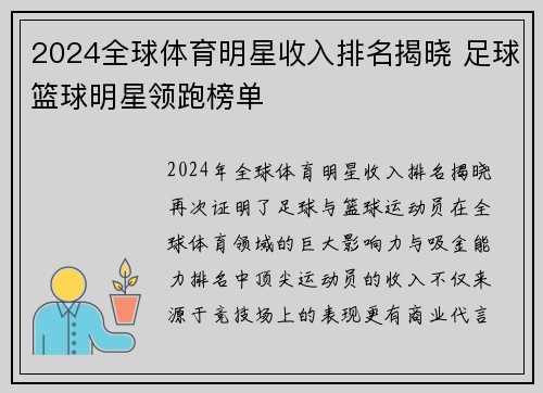 2024全球体育明星收入排名揭晓 足球篮球明星领跑榜单