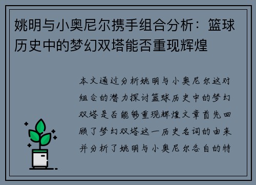 姚明与小奥尼尔携手组合分析：篮球历史中的梦幻双塔能否重现辉煌