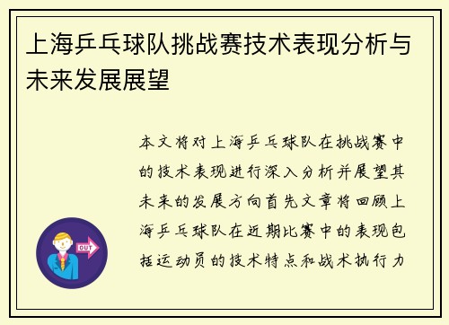 上海乒乓球队挑战赛技术表现分析与未来发展展望