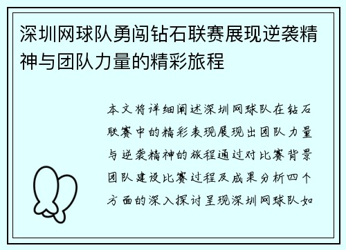 深圳网球队勇闯钻石联赛展现逆袭精神与团队力量的精彩旅程