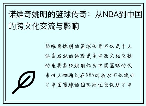 诺维奇姚明的篮球传奇：从NBA到中国的跨文化交流与影响