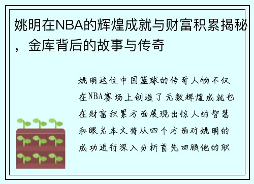 姚明在NBA的辉煌成就与财富积累揭秘，金库背后的故事与传奇