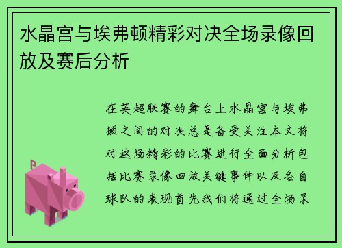 水晶宫与埃弗顿精彩对决全场录像回放及赛后分析